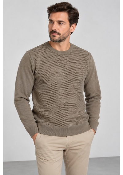 Bihan Store Desenli Siyah Bisiklet Yaka Erkek Triko Kazak 8100-bej Açık Bej