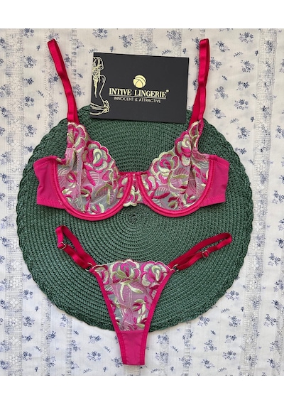 Josie Pembe-yeşil Çiçek Nakışlı Transparan Sütyen Tanga Takımı Pembe