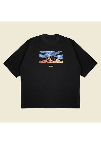 Tarzsokak Cactusj Rodeo Baskılı Oversize Unisex Pamuklu Nefes Alan Kalın Kumaşlı Siyah