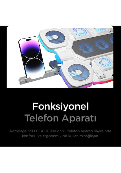 Rampage S50 Glacier Beyaz Rgb Işıklı 11 Fanlı Lcd Göstergeli 1 Type C 1 Usb Girişli Yükselebilen Notebook Soğutucu