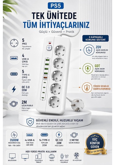 5'li Akım Korumalı Priz 3500w 16a, 4 Usb-a Ve 5 Type-c Çıkışlı, Qc 3.0 20w Hızlı Şarj, 2 Metre Kablolu Çoklu Priz Ps-5 Diğer