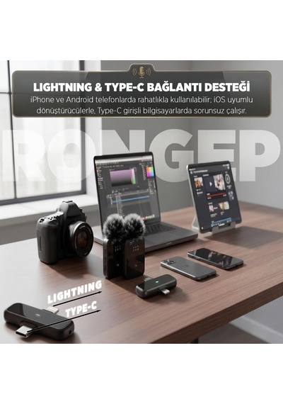 2'li Kablosuz Yaka Mikrofonu İphone/android Telefonlar/type-c Girişli Pc'ler İçin Type-c/lightning Giriş 8-10 Saat Pil Ömrü 20 Metreye Kadar Menzilli Tak Çalıştır Kablosuz Mikrofon Siyah