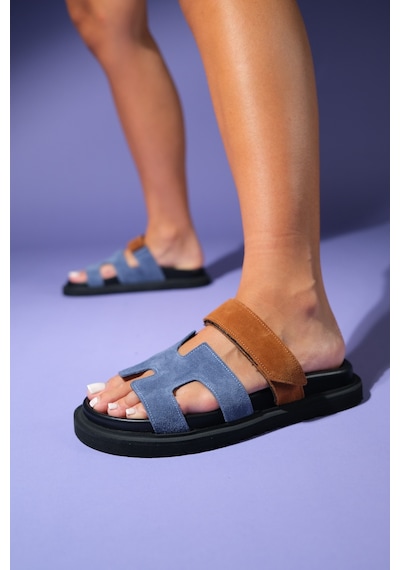 Luvishoes Luvi Shoes Morte Laci-taba Süet Hakiki Deri Kadın Terlik Lacivert - Taba