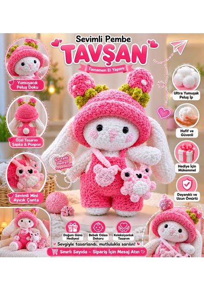 Premium El Örgüsü Sevimli Pembe Tavşan Kadife Dokulu Amigurumi Bebek Ve Hediye Oyuncak Beyaz - Pembe