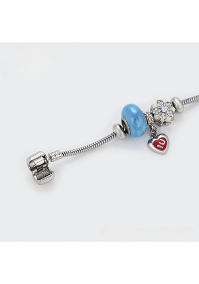 Kalp Ve Kristal Çiçek Detaylı Platin Kaplama Charm Kadın Bileklik Silver