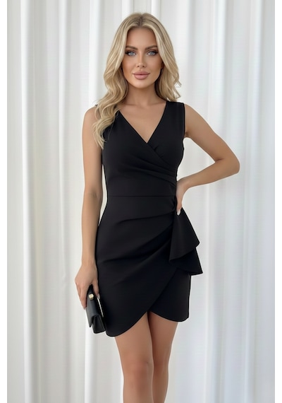 Defymoda Kadın Volanlı Mini Modern Tasarım Elbise Siyah