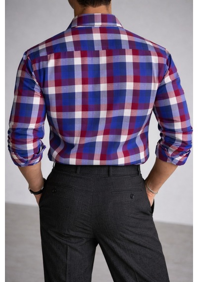Cool Tarz Erkek Ekose Gömlek Slim Fit Pamuklu Uzun Kollu Günlük Şık Gömlek Bordo Bordo