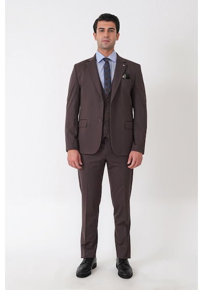 Efor Slim Fit Esnek Pamuklu Dokulu Kahverengi Yelekli Takım Elbise Tk 959