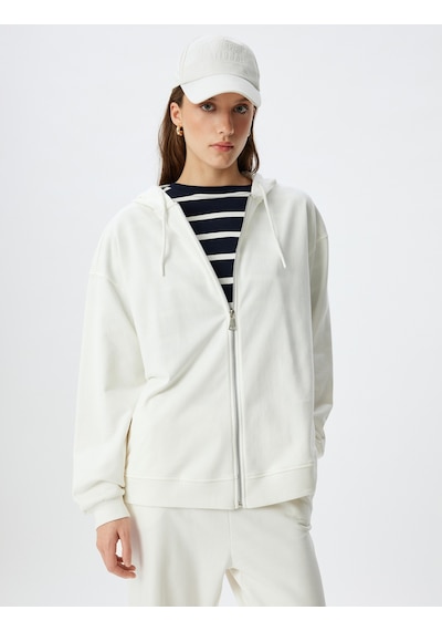 Koton Uzun Kollu Üç İplik Pamuklu Fermuarlı Kapşonlu Sweatshirt Beyaz 5wak10225ek Beyaz