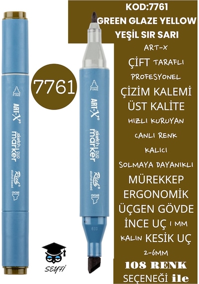 Çift Taraflı Profesyonel Çizim Kalemi Kalıcı Mürekkep Üçgen Gövde İnce Uç 1 Mm Kesik Uç 2-6mm Sketch 7761-yeşil Sır Sarı