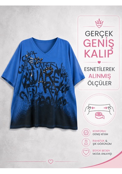Büyük Beden V Yaka Taşlı Esnek Kadın Bluz Saks