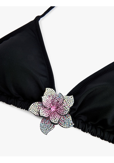 Koton Taşlı Çiçek Aksesuar Detaylı Üçgen Bikini Üstü Siyah 6sak10040mm Siyah