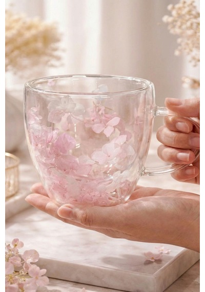 Makri Home Pembe Beyaz Çiçekli Çift Cidarlı Cam Kupa, 350 Ml, 11 Cm X 8 Cm Çok Renkli