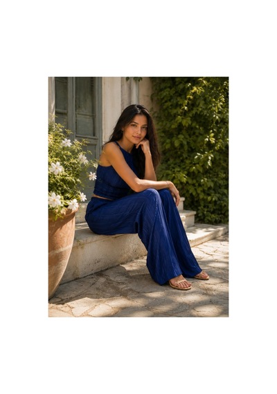 Unika Boutique Crop Pantolon Takım Kadın Şık Yazlık Fitilli Lacivert