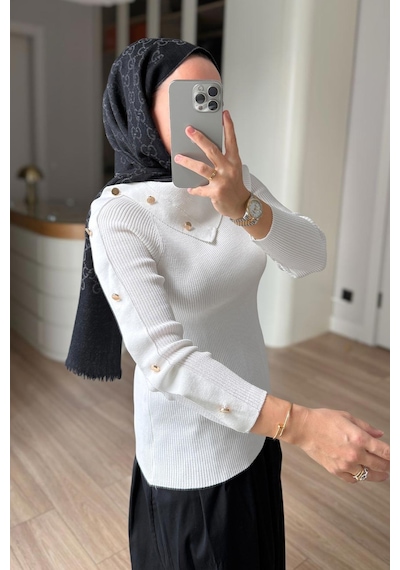 Kahijab Asimetrik Yaka Truvakar Kol Triko Bluz - Beyaz