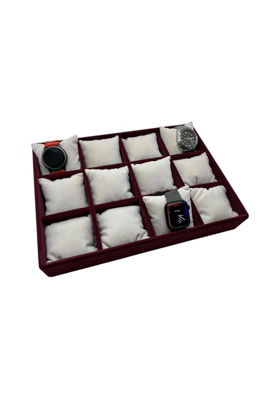 Yerli Üretim Tokyo Model Süet Kumaş Bordo -beyaz Renk 34/24 Cm Yastıklı Saat Ve Takı Kutusu
