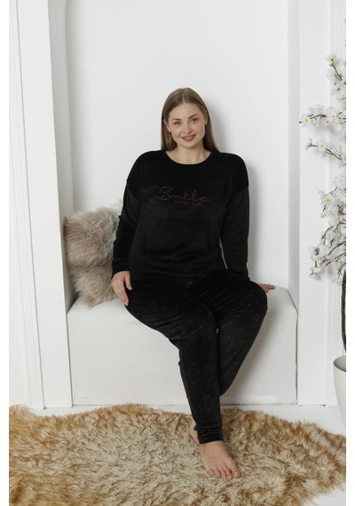 Pijamoni Kadın Büyük Beden Yumuşak Kadife K. Siyah Pijama Takımı Koyu Siyah