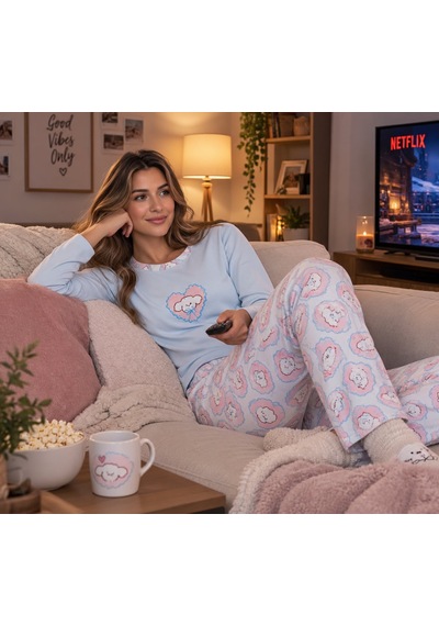 Seamlife Kadın Uzun Kollu Desenli Pijama Takımı Sevimli Desenli Ev Giyim Seti Açık Mavi Seamlife Kadın Uzun Kollu Desenli Pijama Takımı Sevimli Desenli Ev Giyim Seti Açık Mavi