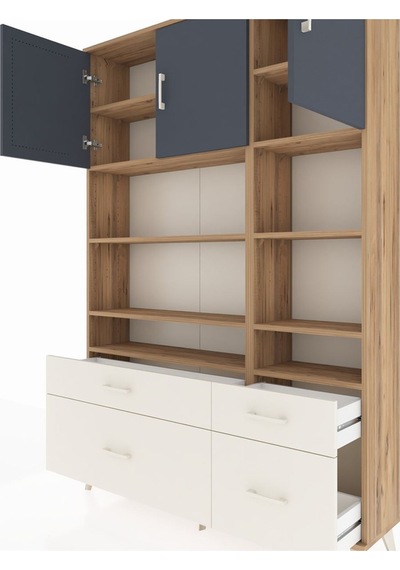Arges Dolap 10 Raflı 4 Çekmeceli 3 Kapaklı 132x30x195 Çam-ant... Çam