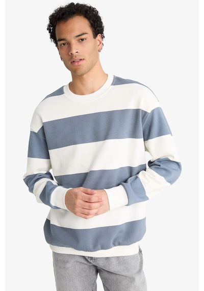 Defacto Boxy Fit Bisiklet Yaka Çizgili Sweatshirt F4641ax25augr171 Gri
