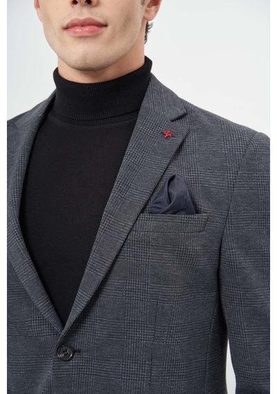 İmza Koyu Lacivert Ekose Desen Örme Mono Yaka Astarsız Çift Yırtmaç 2 Düğme 6 Drop Slim Fit Casual Ceket 1002245152 Koyu Lacivert