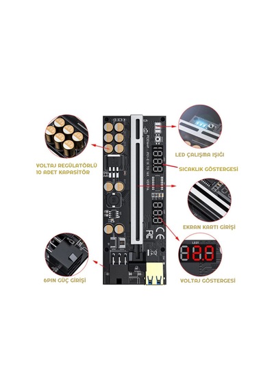 Unichrome Riser V016  PCI-E X16 10 Kapasitör Voltaj Regülatörlü Ekran Kartı Yükseltici