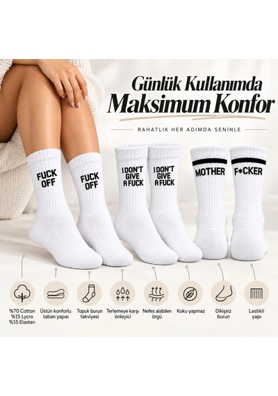 COJans Unisex Beyaz Yazılı Çorap Esprili Sloganlı Uzun Soket Günlük Spor Rahat 3lü Eğlenceli Şık Hediye Set Çok Renkli