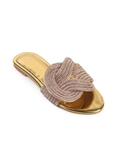 Shoetek Anwen Kadın Terlik Geçmeli Banlı Roz Taşlı Altın Roz Pudra