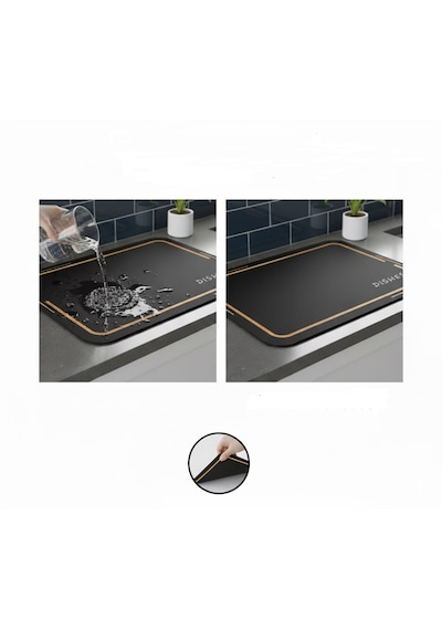 Nobera Premium Dekoratif Bulaşık Kurutma Matı 50x40 Cm Süper Emici, Kaydırmaz Kauçuk Tabanlı Ve Tezgah Koruyucu Altlık Altın - Siyah