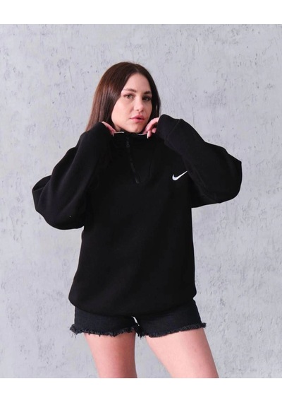 Velmora Fashion Kadın Yarım Fermuarlı Üç İplik Şardonlu Pamuklu Sweatshirt - Siyah