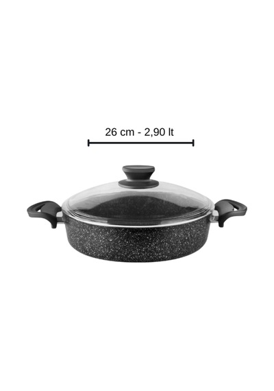Diez 26 Cm Granit Basık Tencere Siyah Yapışmaz Karnıyarık & Pilav Tenceresi Cam Kapaklı