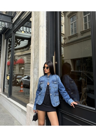 Out Of Standart Kadın Regular Fit Düğme Detaylı Denim Ceket Blue