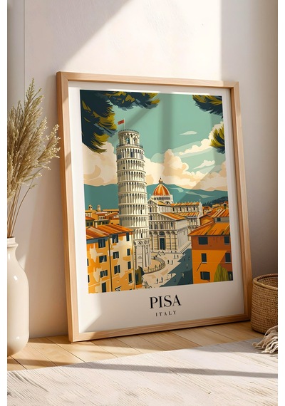 Pisa Italy Vintage Seyahat Posteri Çerçeveli Tablo - Premium Eğik Kule Elit Duvar Dekoru Kayın