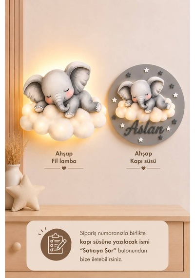 Ahşap Bulutlu Fil İsme Özel Pilli Ledli Gece Lambası Ve Unicorn Ahşap Kapı Süsü Seti Bebek Çocuk Odası Gri