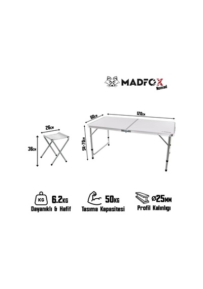 Madfox Nomad Duo Tabureli Katlanır Kamp Masası Seti Beyaz Karışık/Çok Renkli