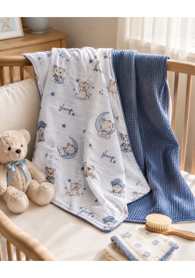 Minora Baby&kids Çift Taraflı Pike Müslin Bebek Örtüsü 100x100 CM - Mavi Ayı