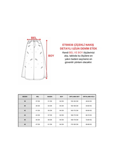 Çiçekli Nakış Detaylı Uzun Denim Etek- Açık Mavi Çok Renkli