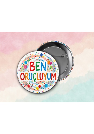 Balonlu Ben Oruçluyum Rozeti - Çocuklar İçin Ramazan Motivasyon Hediyesi - 58mm İğneli Metal Rozet Çok Renkli