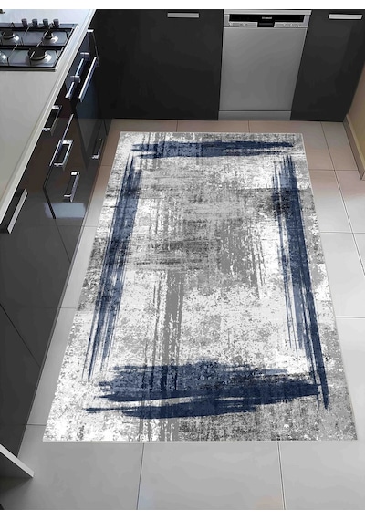 Gri Zemin Mavi Çerçeve Modern Halı Dekoratif Kilim Gri