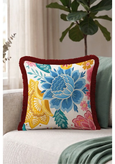 Çiçek Desenli Bohem Şık Saçaklı Yastık Kılıfı - Etnik Floral Modern Püsküllü Kırlent Kılıfı Siyah