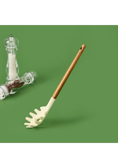 Akasya Saplı Silikon Makarna Kevgiri - Bej / Kahverengi - 32 Cm