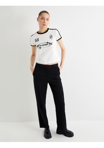 Koton Baskılı Çizgili Tişört Baskılı Kısa Kollu Bisiklet Yaka Pamuklu Ekru 4sal10625ık Ekru