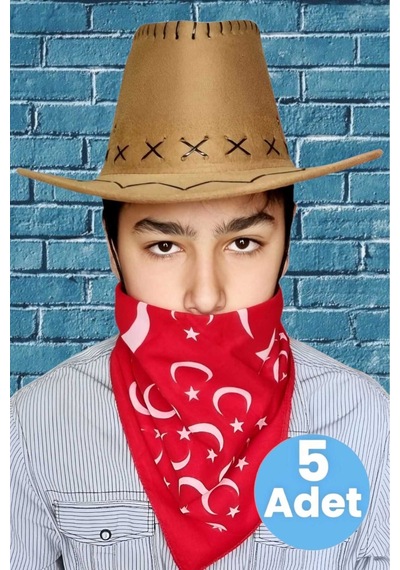 Uniquetrenders Çocuk Unisex Bandanalı 5'li Nubuk Kovboy Şapkası 8-14 Yaş Cappuccino 4