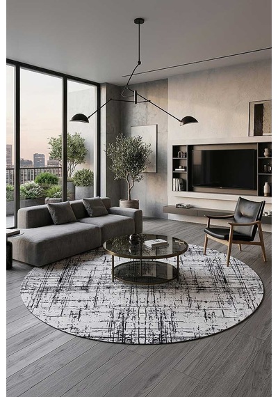 Parlak Saten Dokulu Poem Bambu Tuşe Modern Trend Yuvarlak Halı Pm07 Siyah
