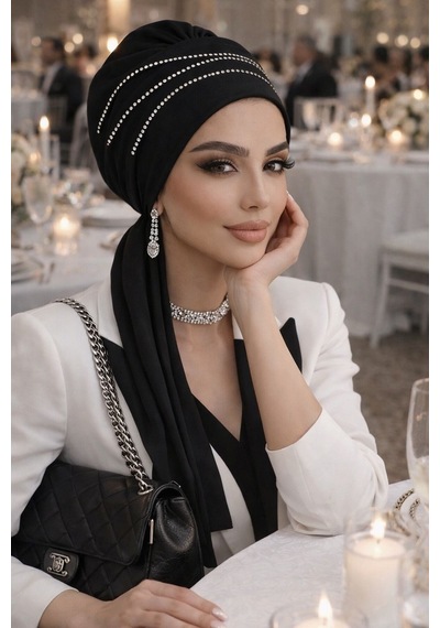 Aişe Tesettür Siyah Taşlı Atkılı Abiye Bone - 60101