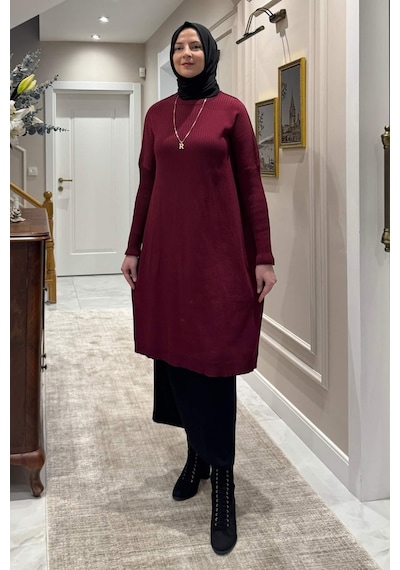Rabia Şamlı Dora Triko Tunik Bordo Çok Renkli