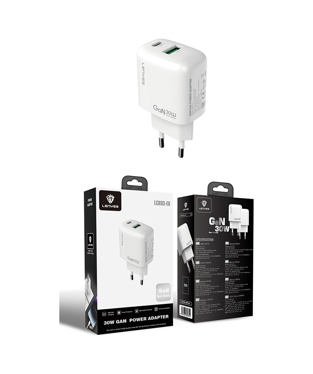 Lenyes Lch93 Type-c Ve Usb Gan Teknolojili Pd Hızlı Şarj Özellikli Şarj Başlığı 30w Beyaz