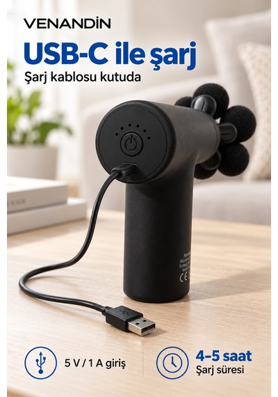 Md-9901 Flexi Darbeli Masaj Tabancası 60w, 6 Kademeli, 5 Başlıklı - Siyah