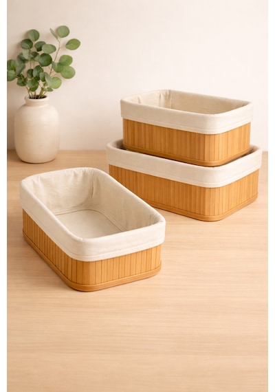 Serstil 3'lü Dikdörtgen Bambu Saklama Sepeti Kumaş Kaplamalı Organizer Set Diğer