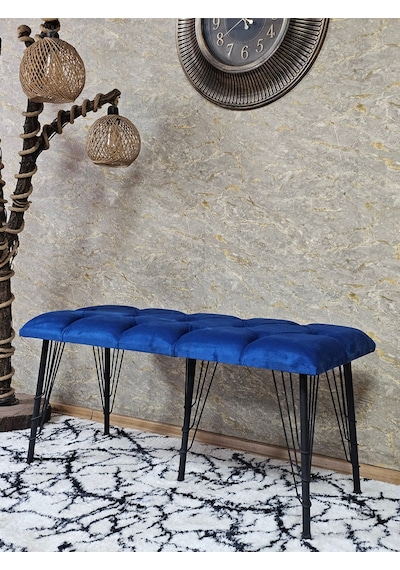 Zafir Metal Siyah Tel Ayaklı 100 Cm Puf Bench - Puf - Bench - Oturak - Mutfak Oturağı - Antre Oturağı Mavi